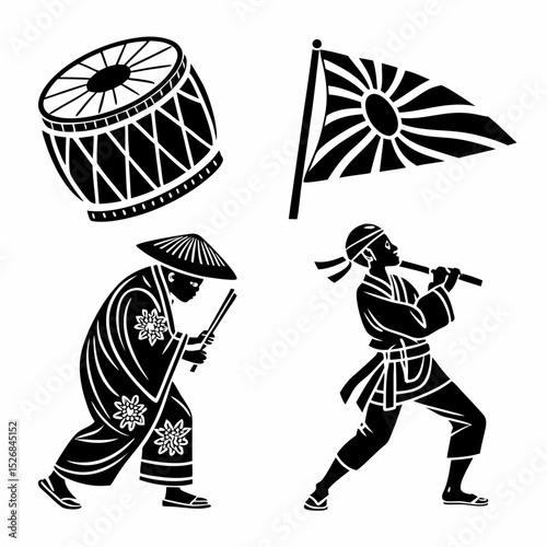 Professional japanese cultural parade musicians drum flag vector illustration