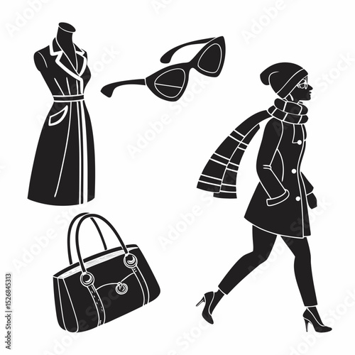 Stylish woman walking winter fashion accessories coat bag hat glasses