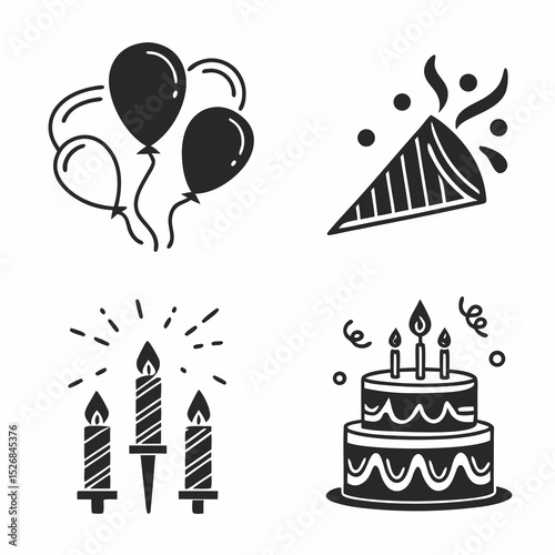 Birthday party icons balloons cake candles party popper celebration
