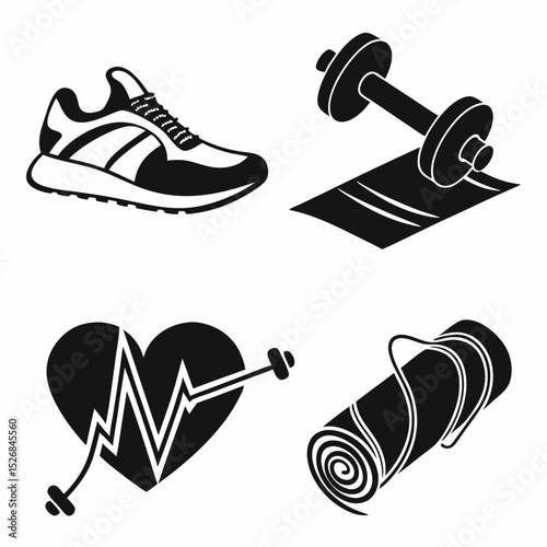Fitness icons: sneakers dumbbell heart rate mat workout gym exercise healthy lifestyle