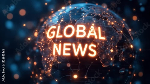 Global News Concept With Glowing Text On Digital Globe Showing Glowing Network Connections. 4k video