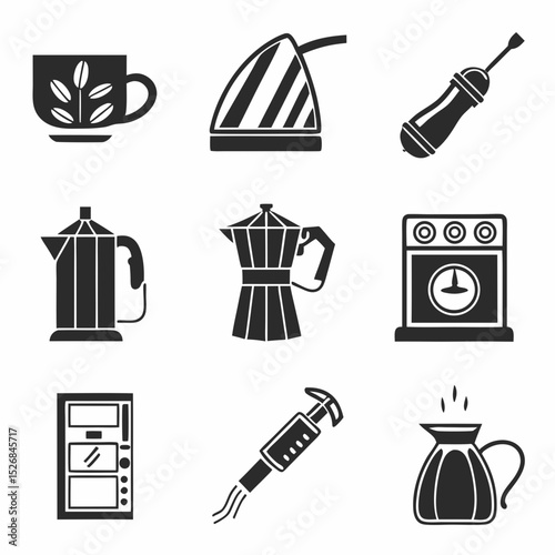 Kitchen appliances coffee tea brewing equipment icons set