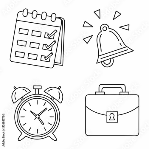 Time management icons checklist alarm clock briefcase schedule organization
