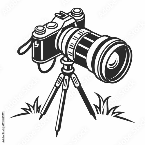 Camera with telephoto lens on tripod in grass