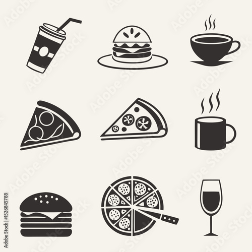 Fast food icons set burger pizza soda coffee drinks