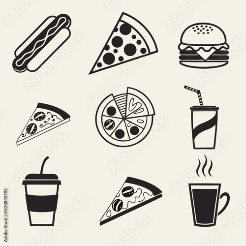 Fast food icons pizza burger hot dog coffee soda