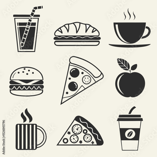 Fast food icons set burger pizza coffee apple drink