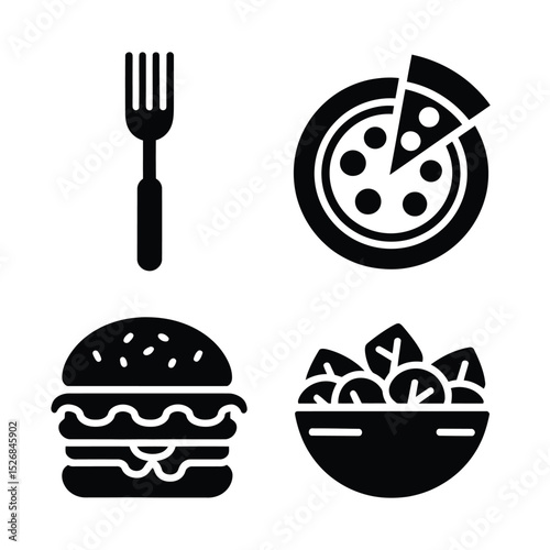 vector icons cooking food chef hat include a pizza slice, a sushi roll, spaghetti and meatballs, a curry bowl burger , fish 
