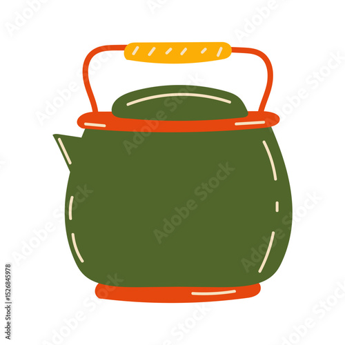 green metal teapot with spout and handle. Doodle for stickers. Vector illustration, hand drawn.
