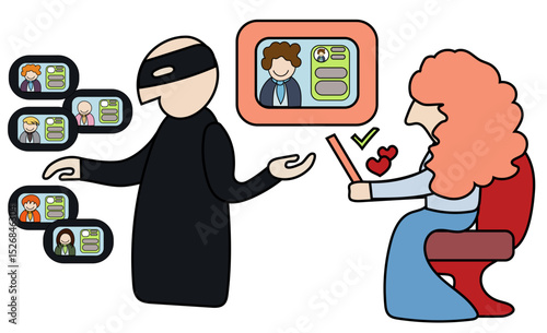 A criminal presenting a perfect online dating profile using a fake identity to a girl searching for love. Concept of catfishing. 