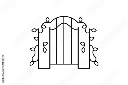 Ornate garden gate line drawing with vines