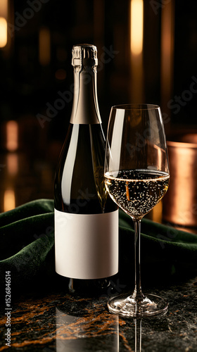 Sparkling Wine Bottle with Crystal Flute on Emerald Velvet and Copper Marble