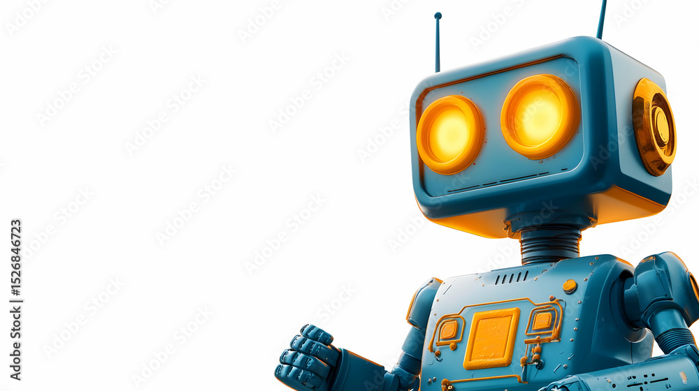 Fototapeta premium Retro Blue Robot with Glowing Orange Eyes on White Background