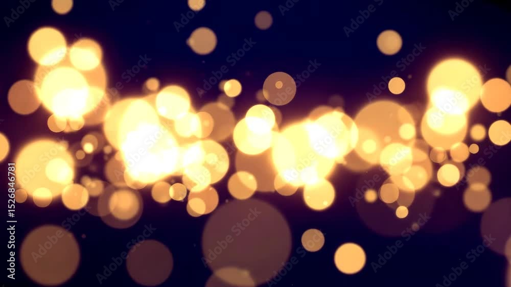 Abstract animation of shimmering golden yellow bokeh lights gently floating across a dark deep blue background