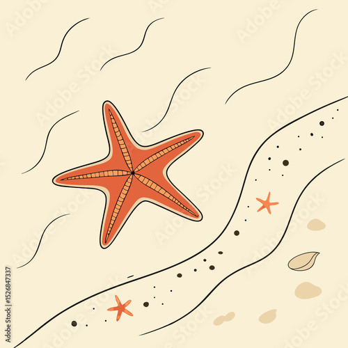 Illustration of a starfish on a sandy beach with a calm ocean background in a simple style