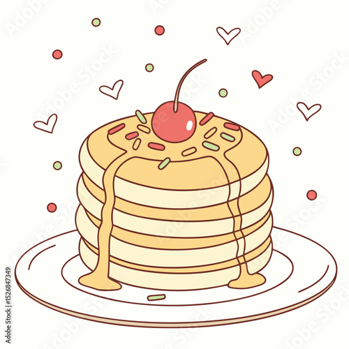 Stack of delicious pancakes topped with syrup and cherry in a cheerful setting