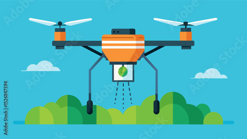 A smart fertilizer dispenser attached to a drone providing efficient and precise fertilization for hardtoreach areas of the field.. Vector illustration