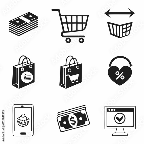 Online shopping cart icons set e commerce money bags
