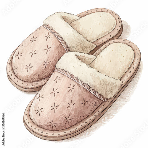 Pastel drawing of cozy home slippers with floral embroidery in brown and beige representing indoor comfort.