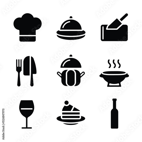 vector icons cooking food chef hat include a pizza slice, a sushi roll, spaghetti and meatballs, a curry bowl burger , fish 

