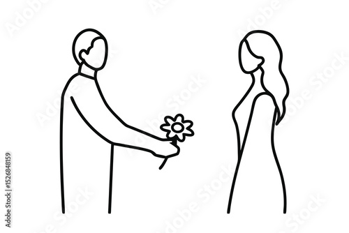 Man giving woman flower simple line drawing illustration