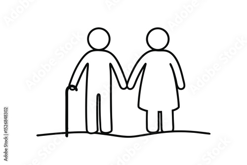 Elderly couple holding hands line drawing illustration