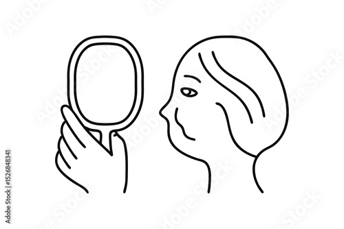 Woman looking at herself in a hand mirror line drawing illustration