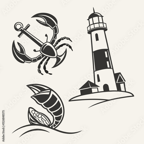Nautical anchor crab lighthouse lobster clipart set