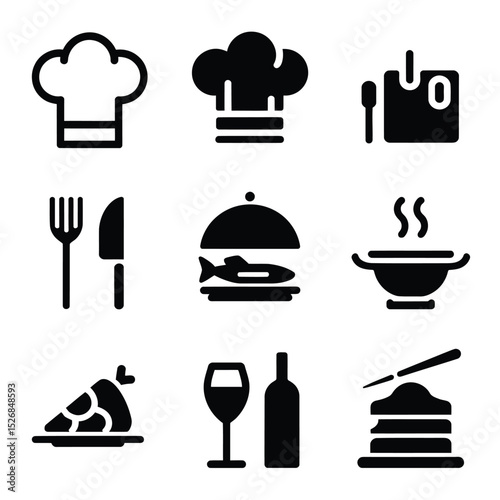vector icons cooking food chef hat include a pizza slice, a sushi roll, spaghetti and meatballs, a curry bowl burger , fish 
