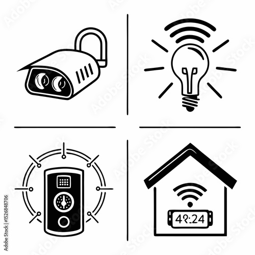 Smart home security system icons wireless camera light bulb doorbell house
