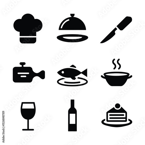 vector icons cooking food chef hat include a pizza slice, a sushi roll, spaghetti and meatballs, a curry bowl burger , fish 
