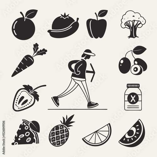 Healthy lifestyle icons fruits vegetables exercise supplements