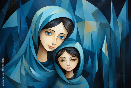 Mother and Child Meditating Together on Blue Background


