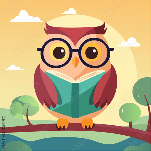 Owl with oversized glasses reading a book
