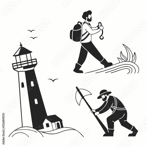 Lighthouse seascape coastal scene traveler farmer illustration