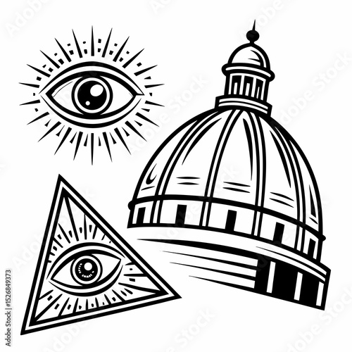All seeing eye symbol government building dome conspiracy theory illustration