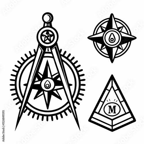 Compass rose pyramid freemasonry symbols geometry design