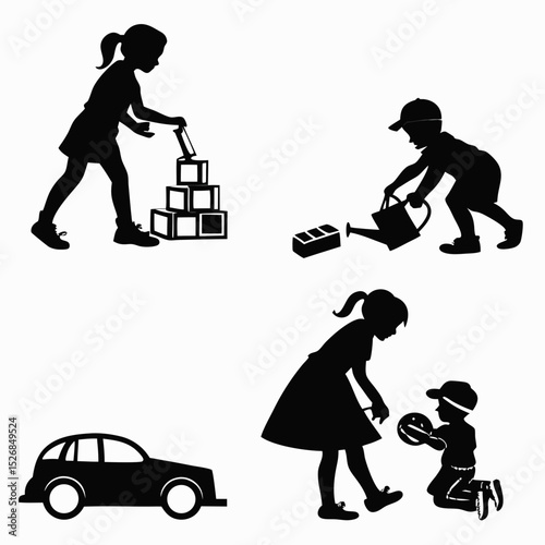 Children playing with toys car blocks watering can