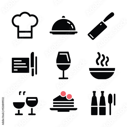 vector icons cooking food chef hat include a pizza slice, a sushi roll, spaghetti and meatballs, a curry bowl burger , fish 
