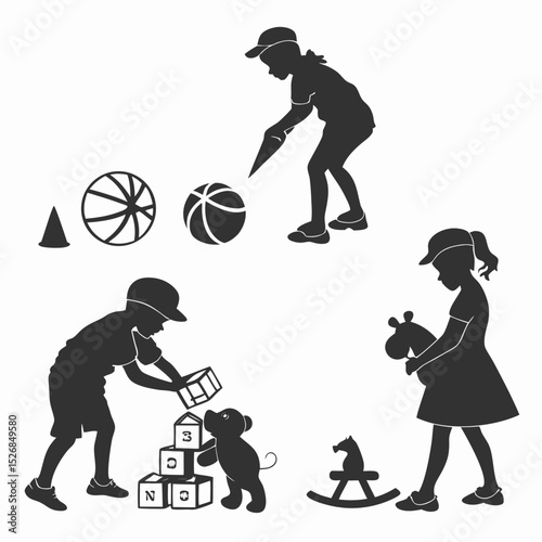 Children playing with toys silhouettes fun playtime kids