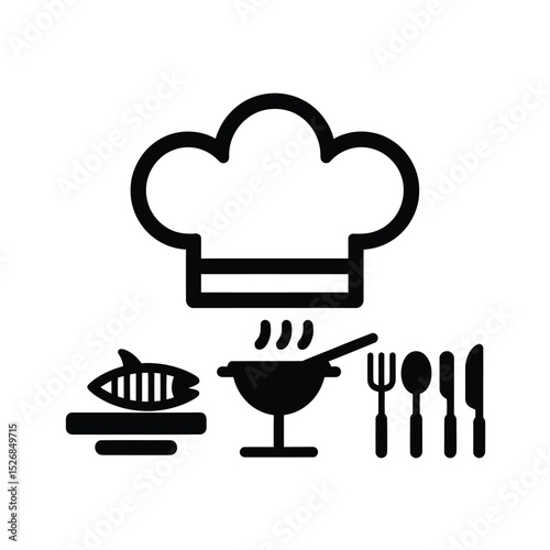 vector icons cooking food chef hat include a pizza slice, a sushi roll, spaghetti and meatballs, a curry bowl burger , fish 
