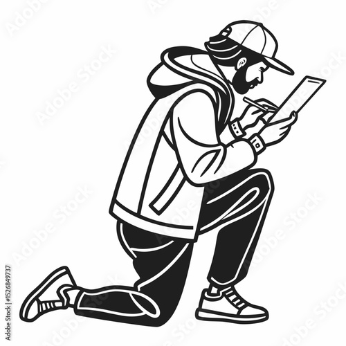 Bearded man kneeling taking notes on tablet