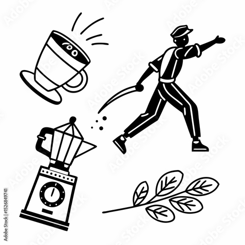 Coffee plant harvest process illustration black and white