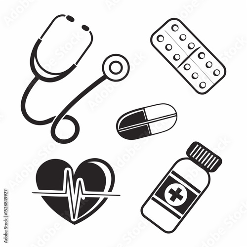 Professional medical icons stethoscope pills heartbeat medicine bottle transparent background