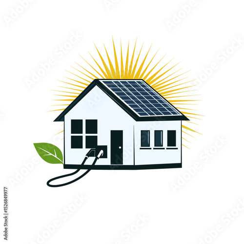 Eco-friendly house with solar panels and sun