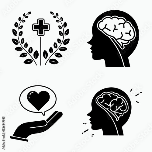 Medical care brain health mental wellness icons set