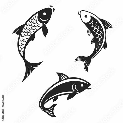 Three stylized black and white fish leaping design element