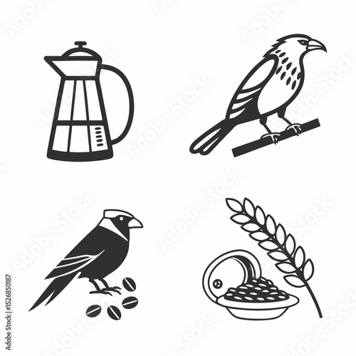 Coffee maker birds coffee beans wheat grain breakfast