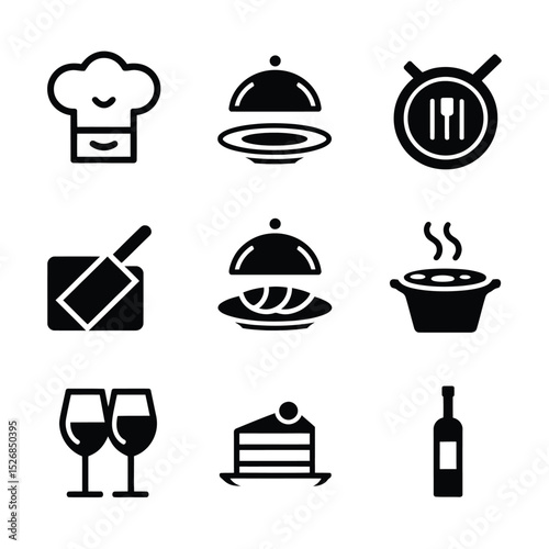 vector icons cooking food chef hat include a pizza slice, a sushi roll, spaghetti and meatballs, a curry bowl burger , fish 

