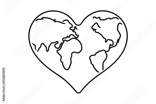 World map heart shape line drawing global love